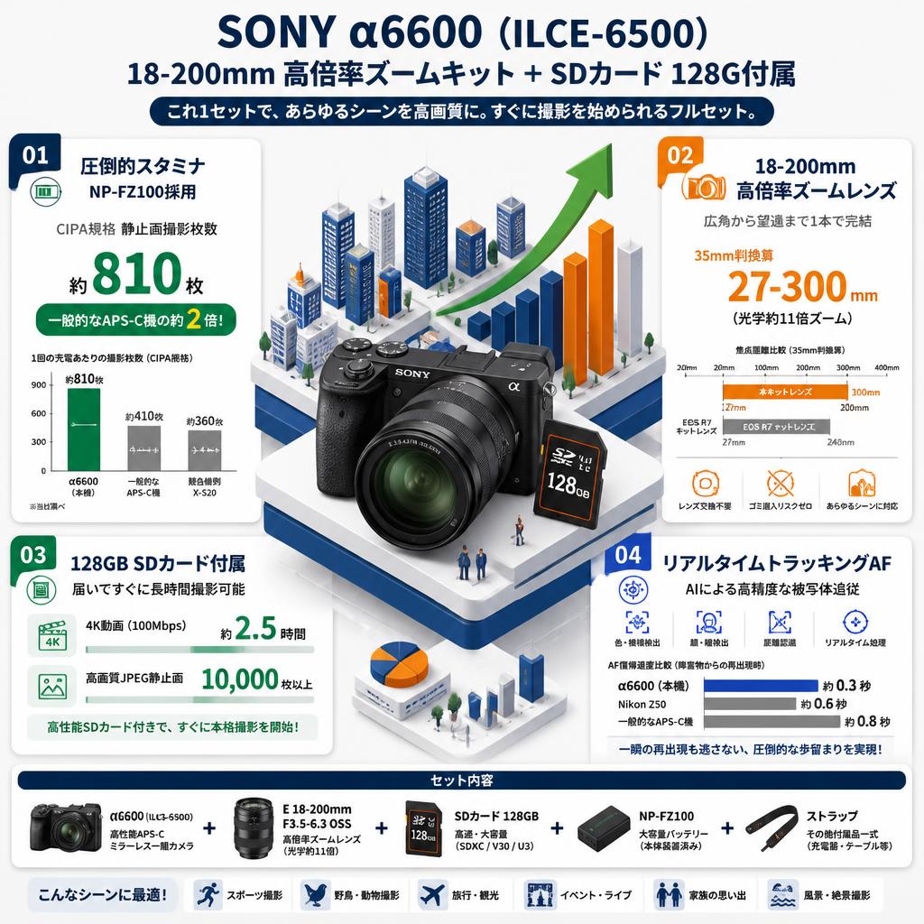 SONY α6600( ILCE-6500 ) 18-200mm 高倍率ズームキット ＋ SDカード 128G付属 セールスポイント