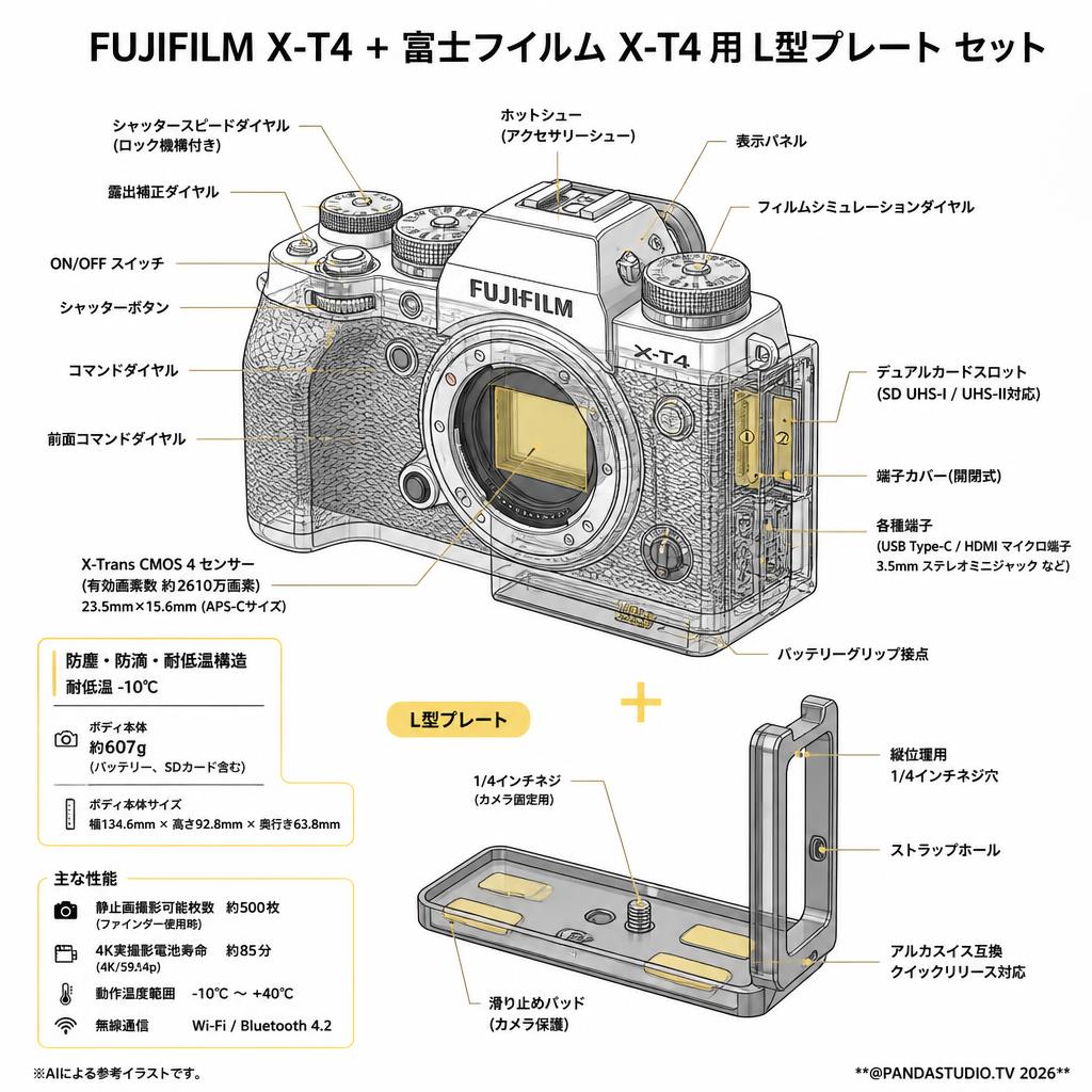 FUJIFILM X-T4 + 富士フイルム X-T4 用 L型 プレート セット スペック
