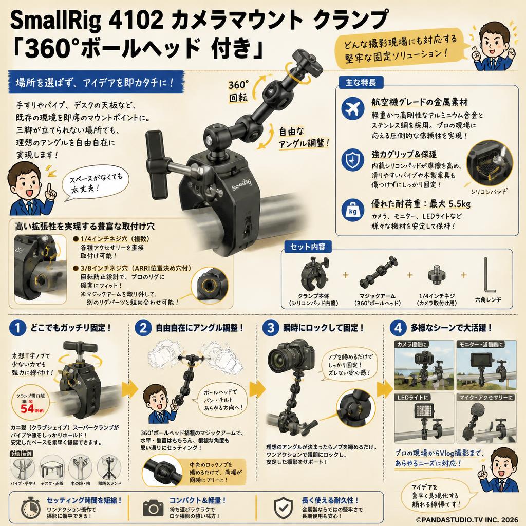 SmallRig 4102 カメラマウント クランプ 「360°ボールヘッド 付き」 概要