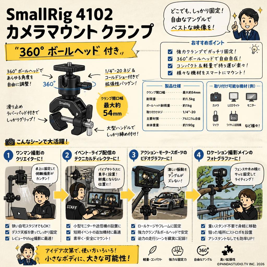 SmallRig 4102 カメラマウント クランプ 「360°ボールヘッド 付き」 おもな対象のお客様