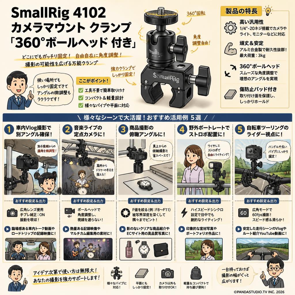 SmallRig 4102 カメラマウント クランプ 「360°ボールヘッド 付き」 用途