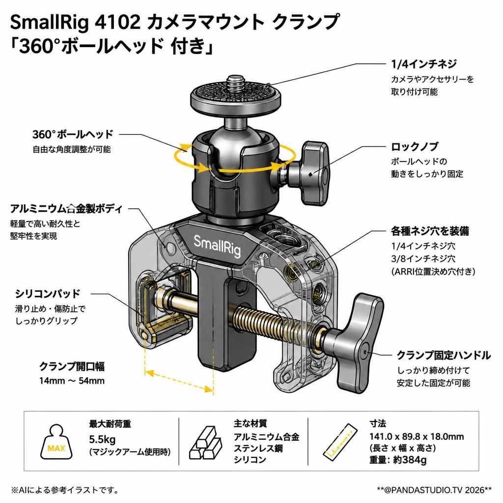 SmallRig 4102 カメラマウント クランプ 「360°ボールヘッド 付き」 スペック