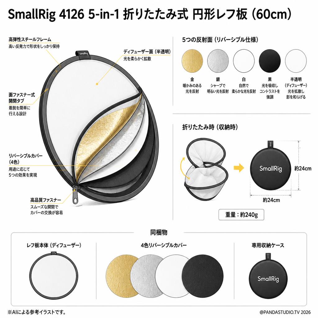 SmallRig 4126 5-in-1 折りたたみ式 円形レフ板  (60cm) スペック