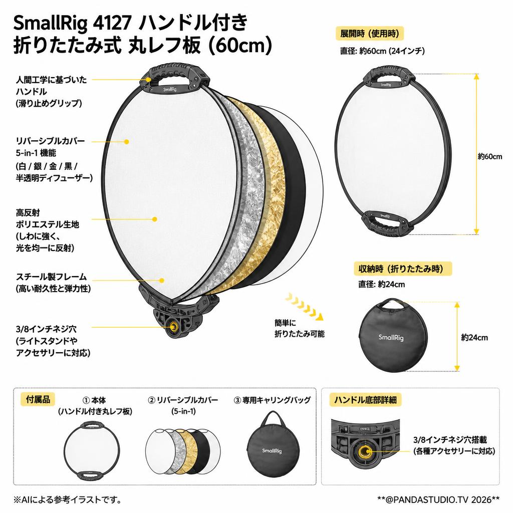 SmallRig 4127 ハンドル付き 折りたたみ式 丸レフ板  (60cm) スペック