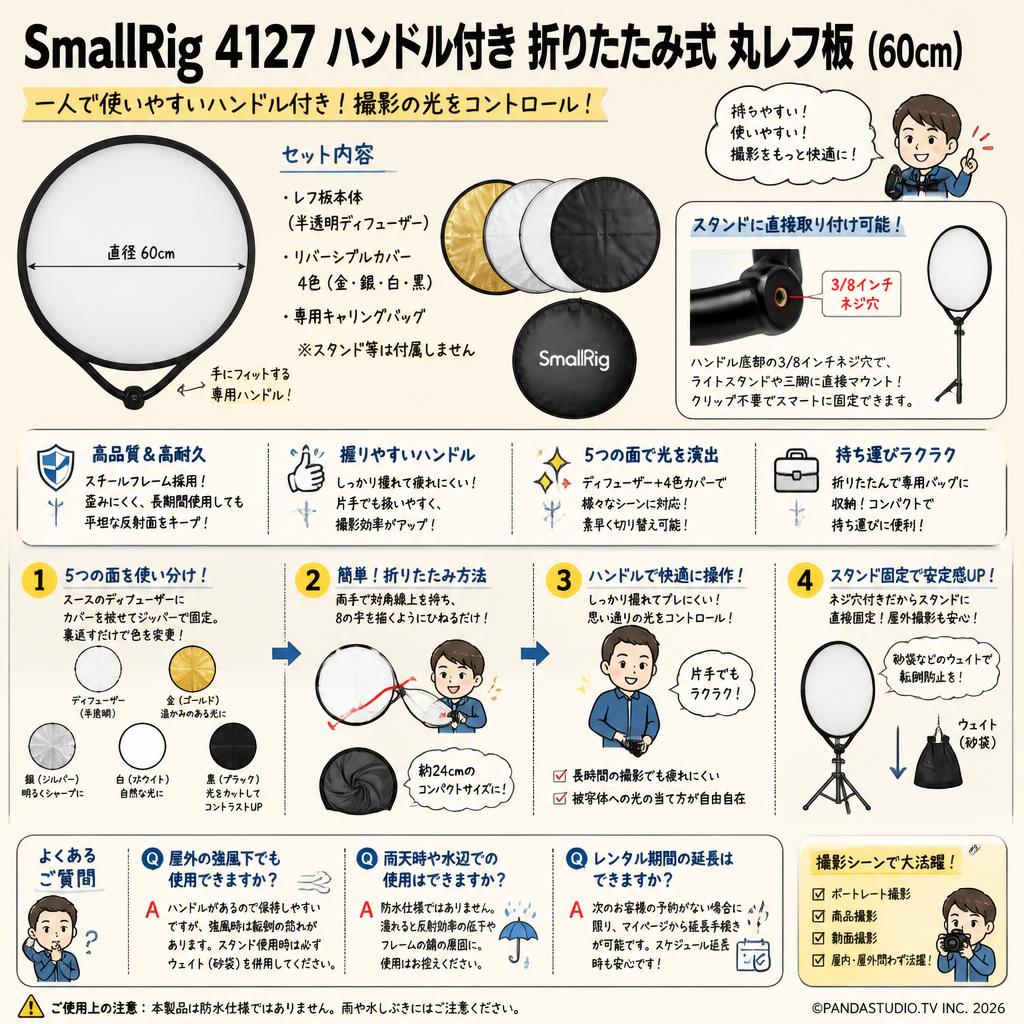 SmallRig 4127 ハンドル付き 折りたたみ式 丸レフ板  (60cm) FAQ（よくある質問と答え）