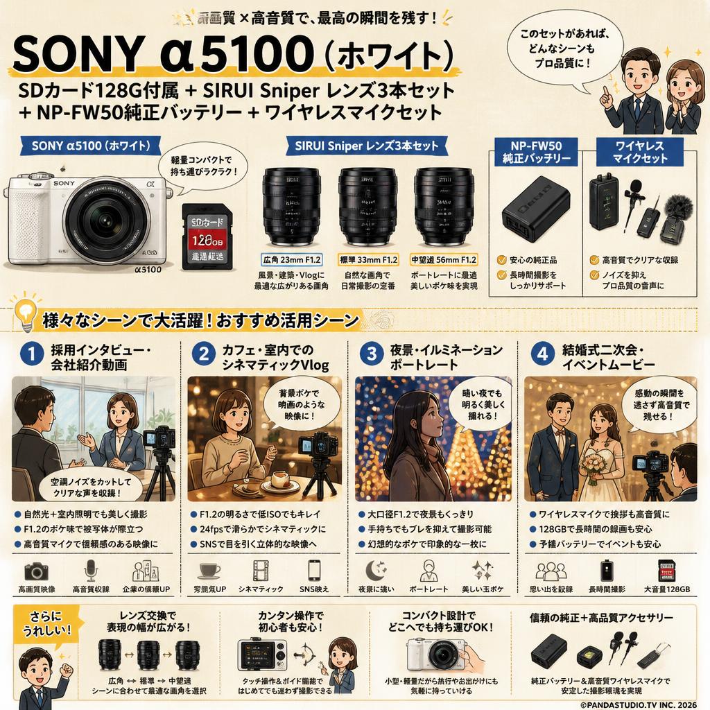 SONY α5100 (ホワイト)SDカード 128G付属 ＋ SIRUI Sniper レンズ３本セット + NP-FW50 純正バッテリー ＋ ワイヤレスマイクセット 用途