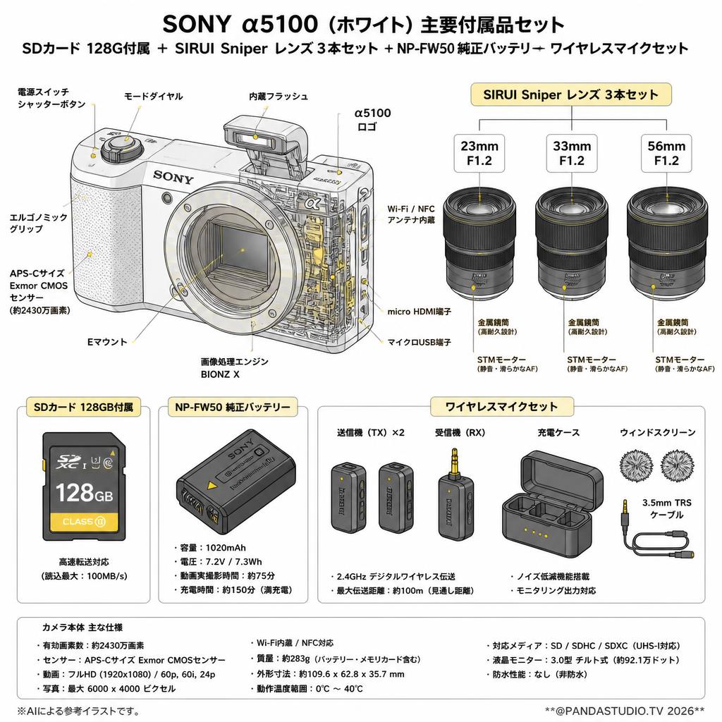 SONY α5100 (ホワイト)SDカード 128G付属 ＋ SIRUI Sniper レンズ３本セット + NP-FW50 純正バッテリー ＋ ワイヤレスマイクセット スペック