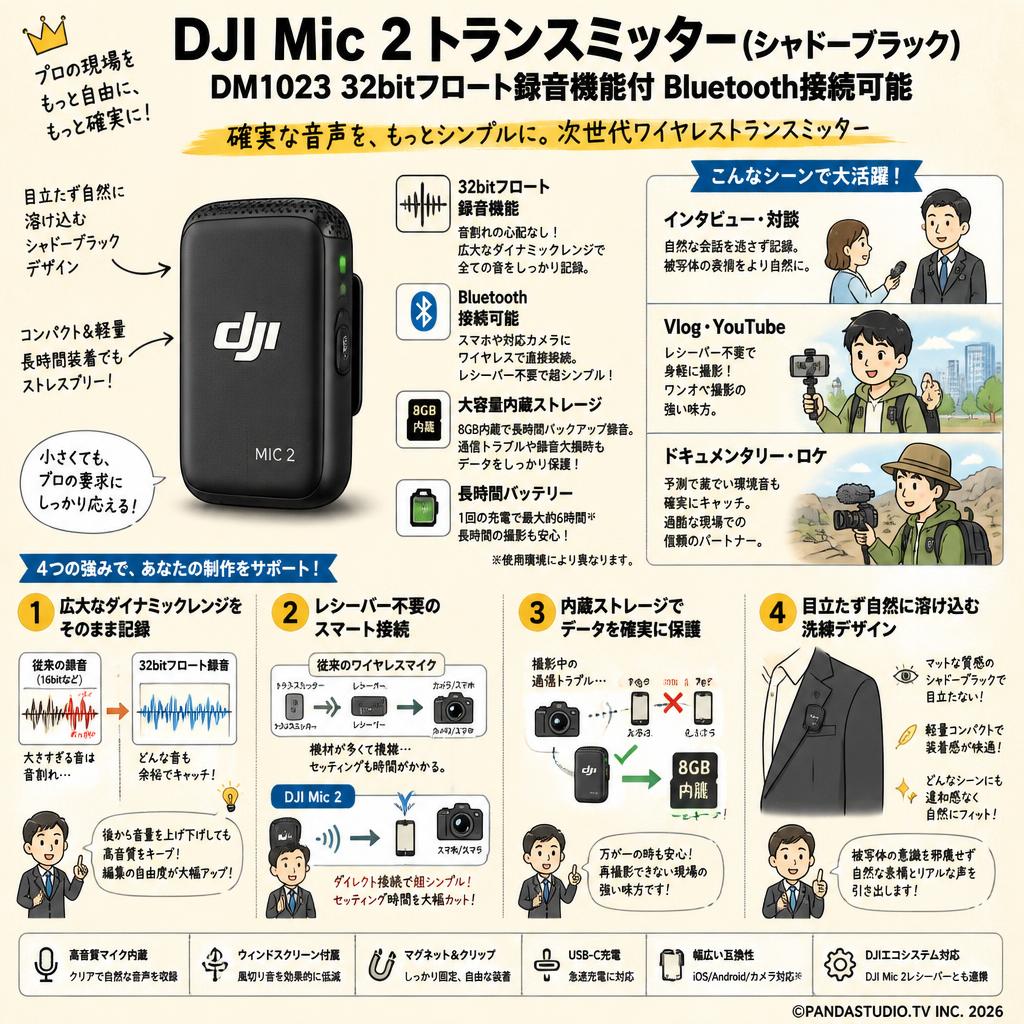 DJI Mic 2 トランスミッター（シャドーブラック）DM1023 32bitフロート録音機能付 Bluetooth接続可能 概要