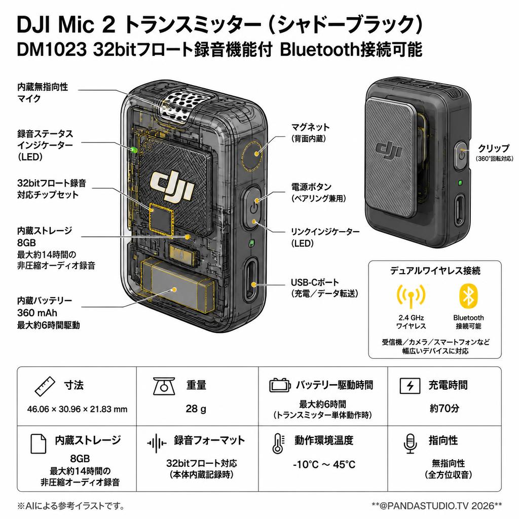 DJI Mic 2 トランスミッター（シャドーブラック）DM1023 32bitフロート録音機能付 Bluetooth接続可能 スペック