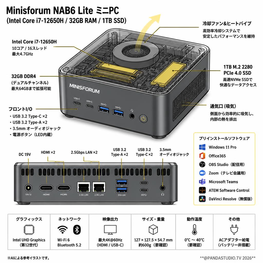 Minisforum NAB6 Lite ミニPC（Intel Core i7-12650H 32GB RAM+1TB SSD）【 Office365 / 配信用OBS / テレビ会議用Zoom / Microsoft Teams / ATEM Software Control / 無償版 動画編集DaVinci Resolve インストール済】 スペック