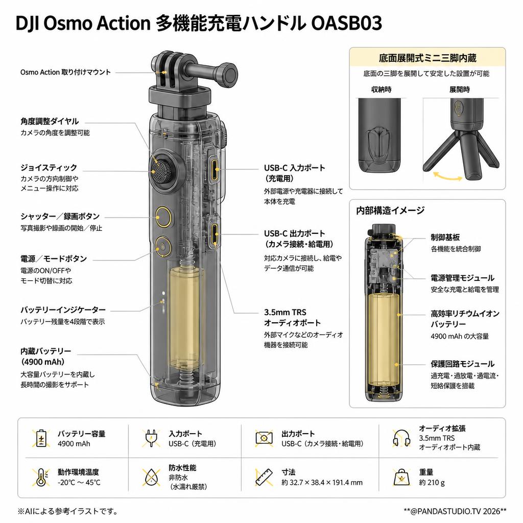 DJI Osmo Action 多機能充電ハンドル OASB03 スペック