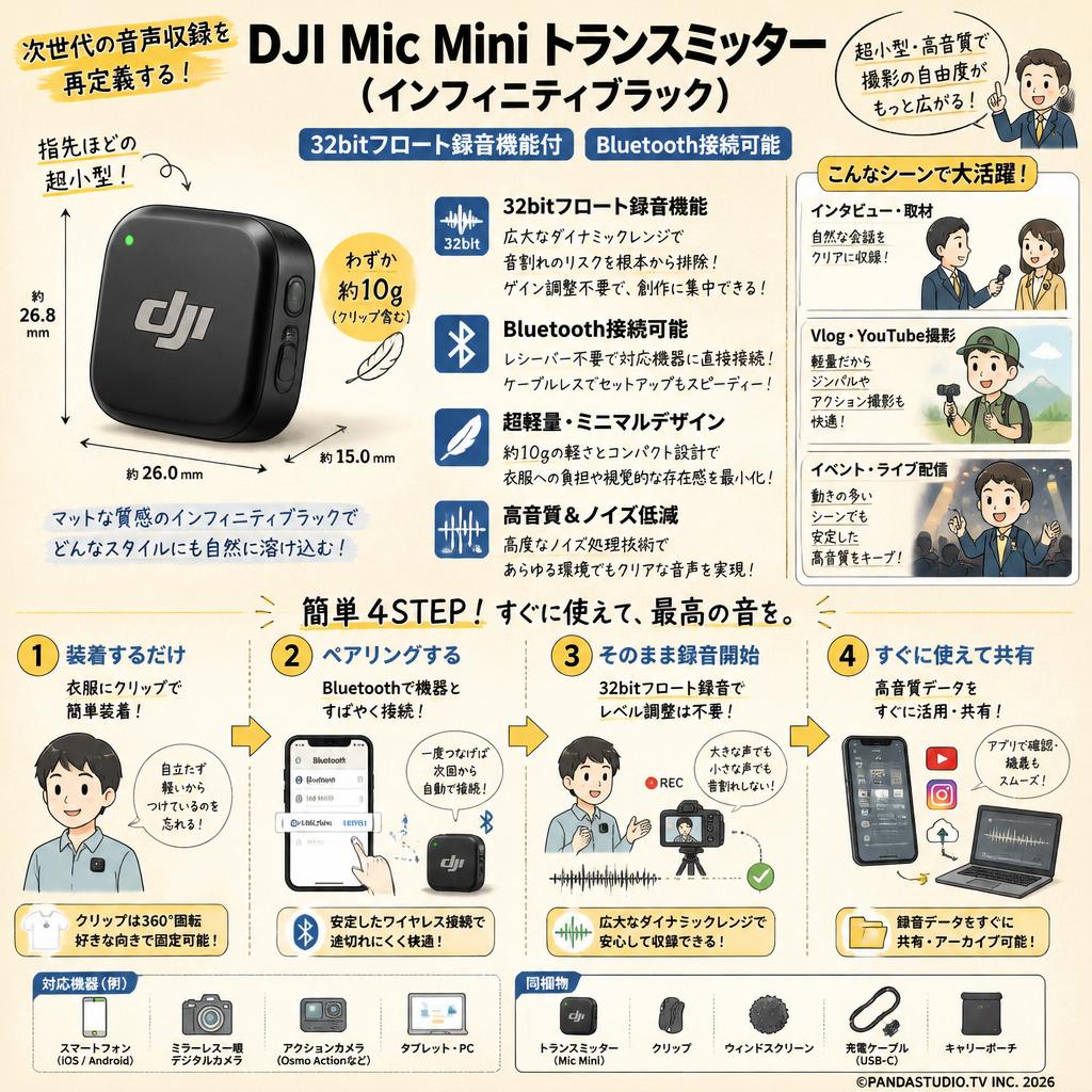 DJI Mic Mini トランスミッター （ インフィニティブラック ） 32bitフロート録音機能付 Bluetooth接続可能 DM303 概要