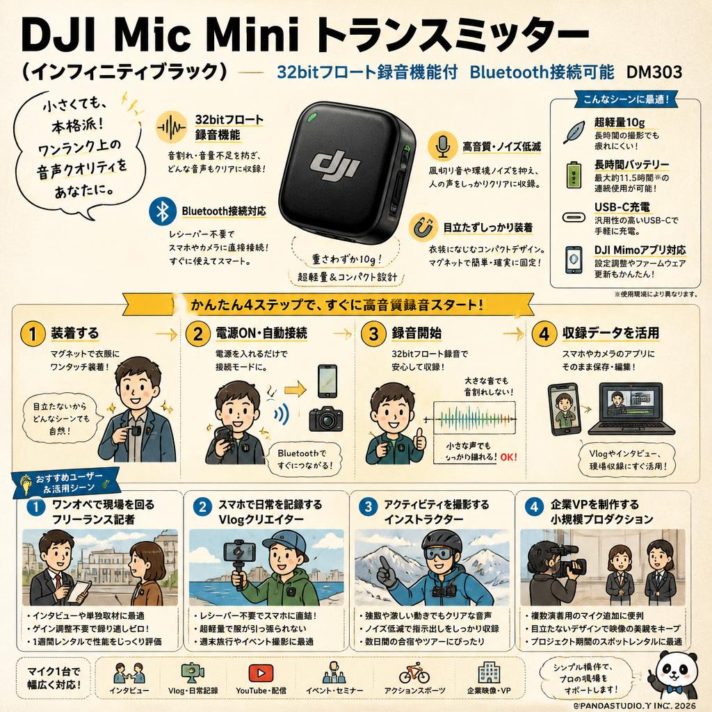 DJI Mic Mini トランスミッター （ インフィニティブラック ） 32bitフロート録音機能付 Bluetooth接続可能 DM303 おもな対象のお客様