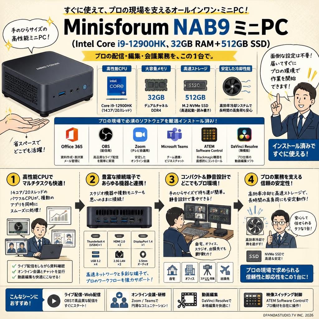 Minisforum NAB9 ミニ PC（Intel Corei9-12900HK、32GB RAM+512GB SSD）【 Office365 / 配信用OBS / テレビ会議用Zoom / Microsoft Teams / ATEM Software Control / 無償版 動画編集DaVinci Resolve インストール済】 概要