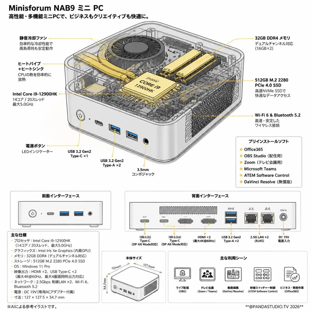 Minisforum NAB9 ミニ PC（Intel Corei9-12900HK、32GB RAM+512GB SSD）【 Office365 / 配信用OBS / テレビ会議用Zoom / Microsoft Teams / ATEM Software Control / 無償版 動画編集DaVinci Resolve インストール済】 スペック
