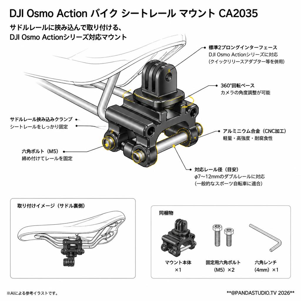DJI Osmo Action バイク シートレール マウント CA2035 スペック