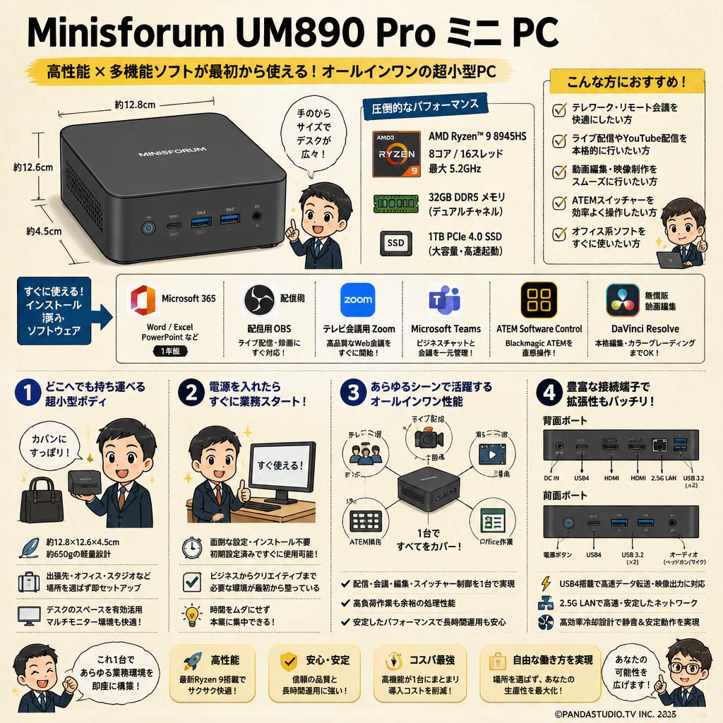 Minisforum UM890 Pro ミニ PC（AMD Ryzen 9 8945HS,32GB RAM+1TB SSD）【 Office365 / 配信用OBS / テレビ会議用Zoom / Microsoft Teams / ATEM Software Control / 無償版 動画編集DaVinci Resolve インストール済】 概要