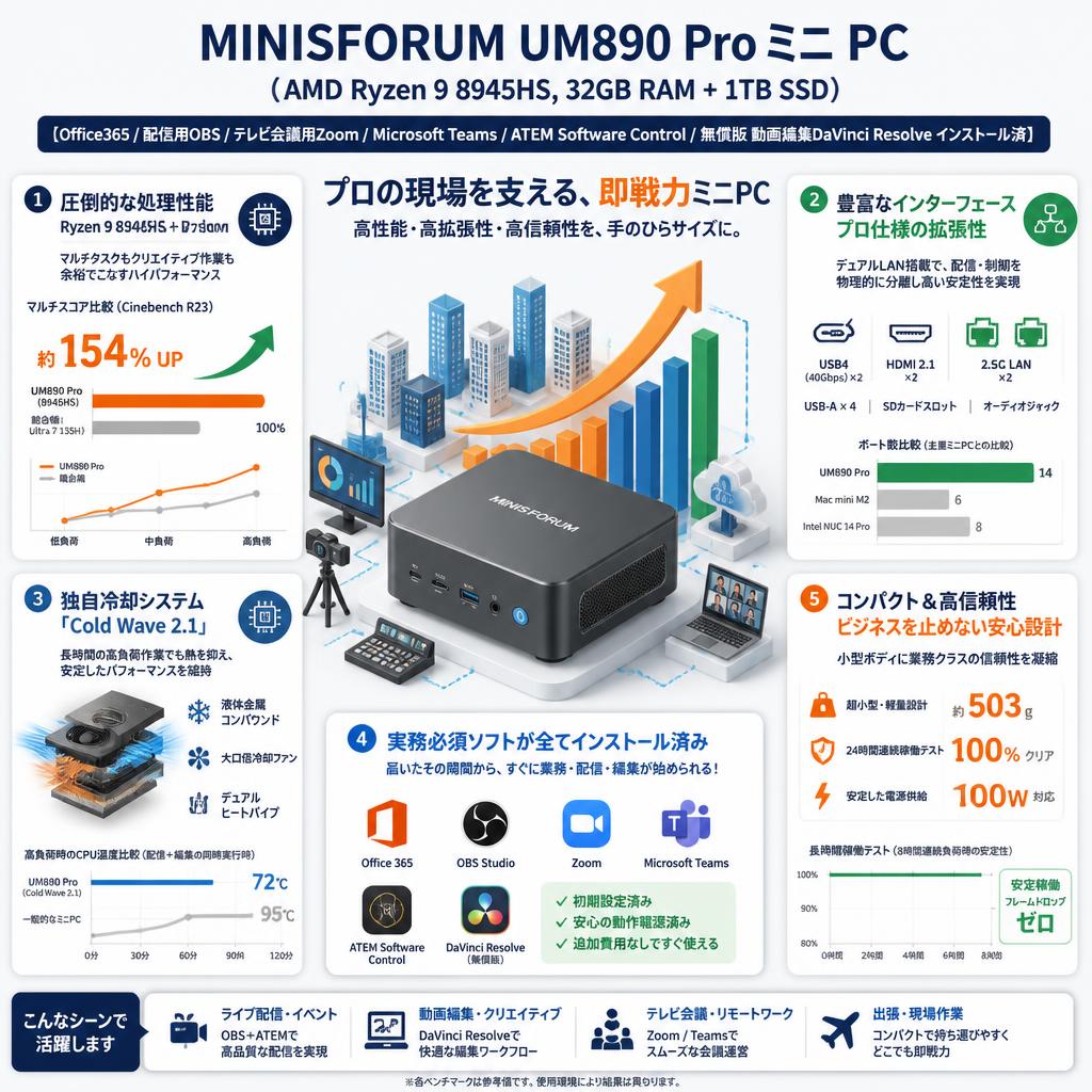 Minisforum UM890 Pro ミニ PC（AMD Ryzen 9 8945HS,32GB RAM+1TB SSD）【 Office365 / 配信用OBS / テレビ会議用Zoom / Microsoft Teams / ATEM Software Control / 無償版 動画編集DaVinci Resolve インストール済】 セールスポイント