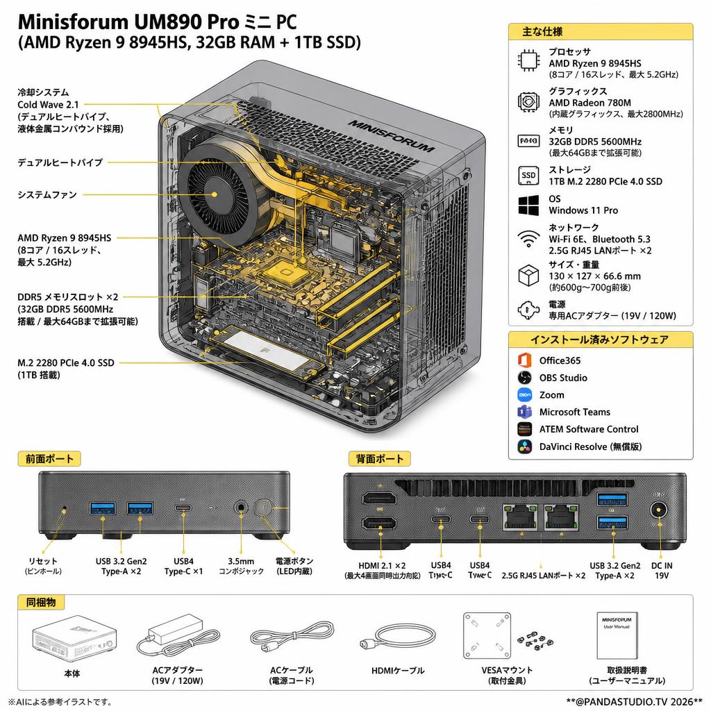 Minisforum UM890 Pro ミニ PC（AMD Ryzen 9 8945HS,32GB RAM+1TB SSD）【 Office365 / 配信用OBS / テレビ会議用Zoom / Microsoft Teams / ATEM Software Control / 無償版 動画編集DaVinci Resolve インストール済】 スペック