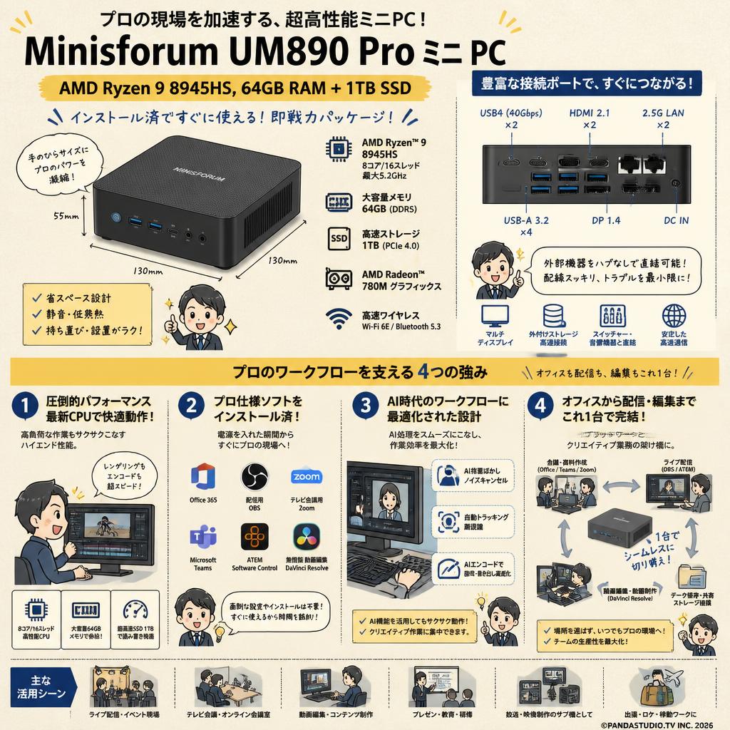 Minisforum UM890 Pro ミニ PC（AMD Ryzen 9 8945HS,64GB RAM+1TB SSD）【 Office365 / 配信用OBS / テレビ会議用Zoom / Microsoft Teams / ATEM Software Control / 無償版 動画編集DaVinci Resolve インストール済】 概要