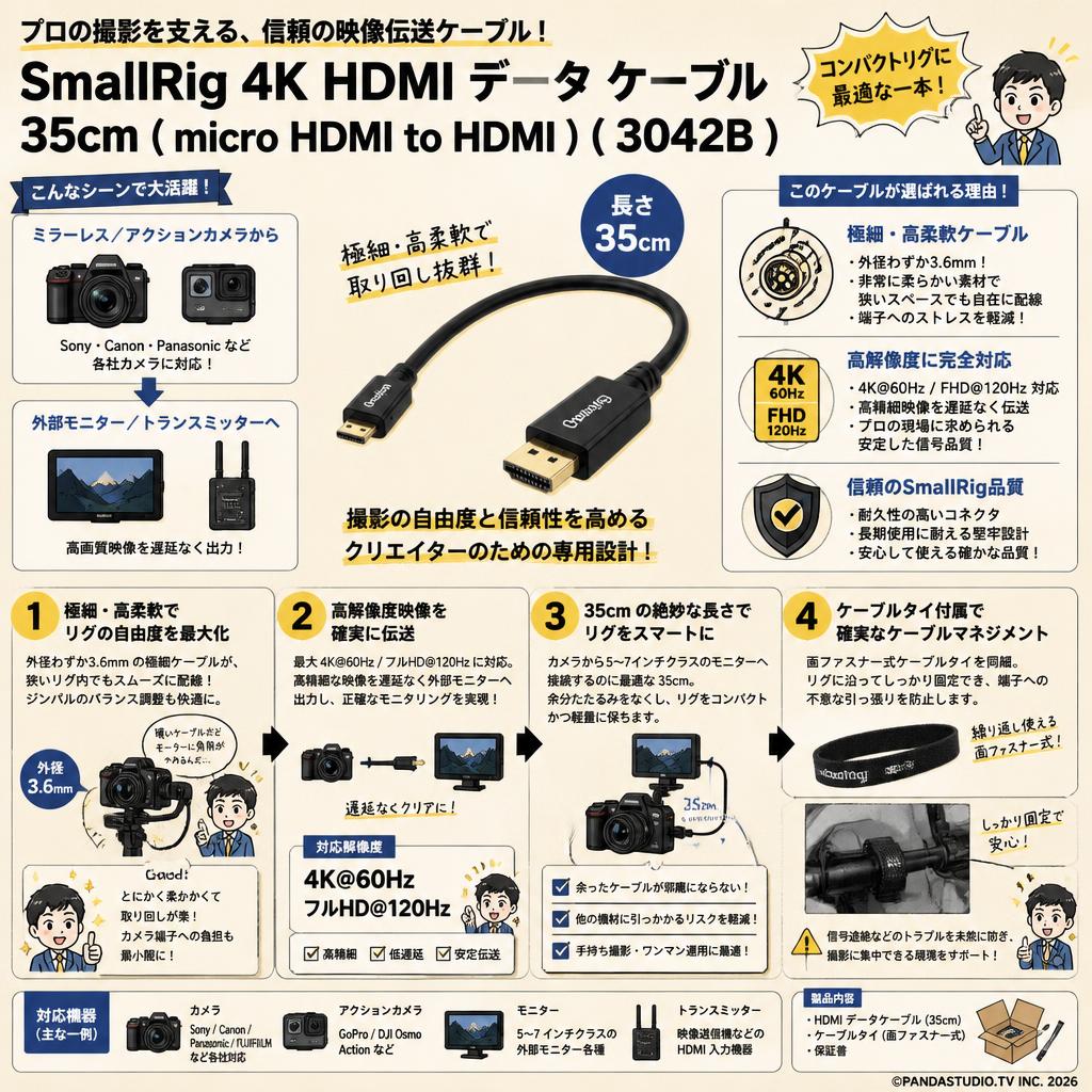 SmallRig 4K HDMI データ ケーブル 35cm ( micro HDMI to HDMI ) ( 3042B ) 概要