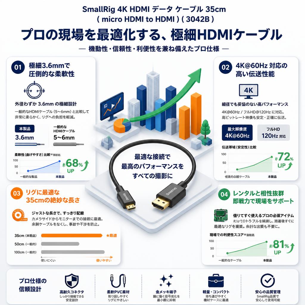 SmallRig 4K HDMI データ ケーブル 35cm ( micro HDMI to HDMI ) ( 3042B ) セールスポイント