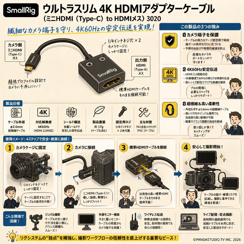 SmallRig ウルトラスリム 4K HDMIアダプターケーブル (ミニHDMI（Type-C） to HDMIメス) 3020 概要