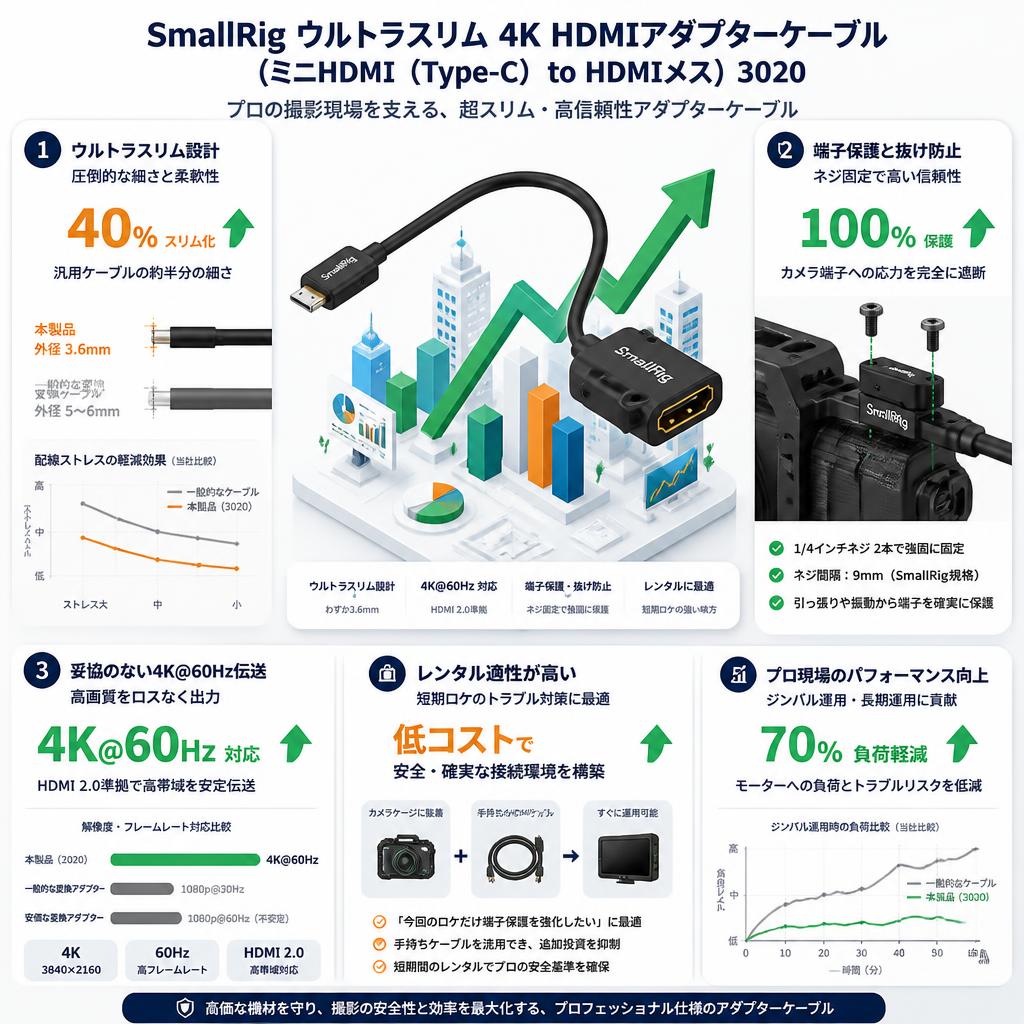 SmallRig ウルトラスリム 4K HDMIアダプターケーブル (ミニHDMI（Type-C） to HDMIメス) 3020 セールスポイント
