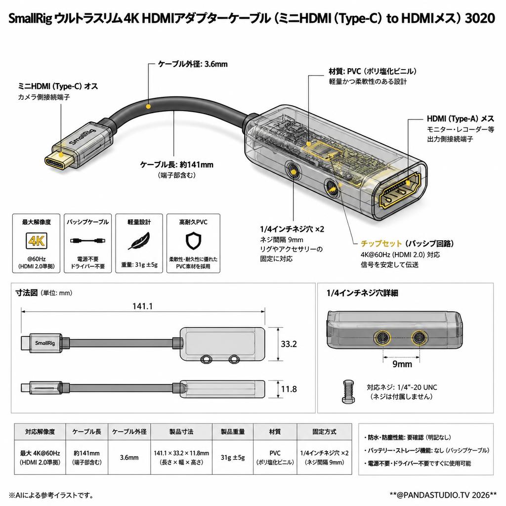 SmallRig ウルトラスリム 4K HDMIアダプターケーブル (ミニHDMI（Type-C） to HDMIメス) 3020 スペック