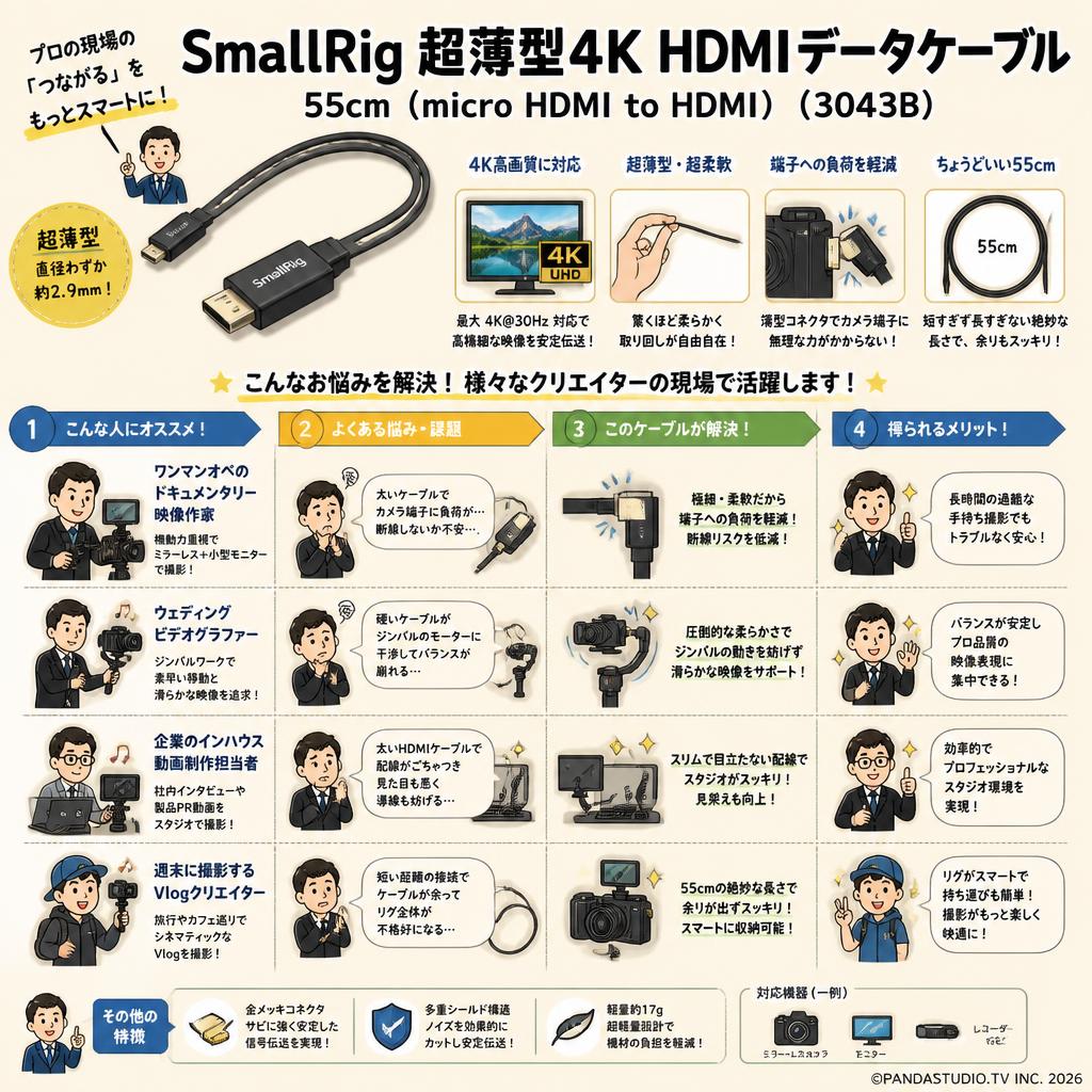 SmallRig 超薄型4K HDMIデータケーブル 55cm ( micro HDMI to HDMI )  ( 3043B ) おもな対象のお客様