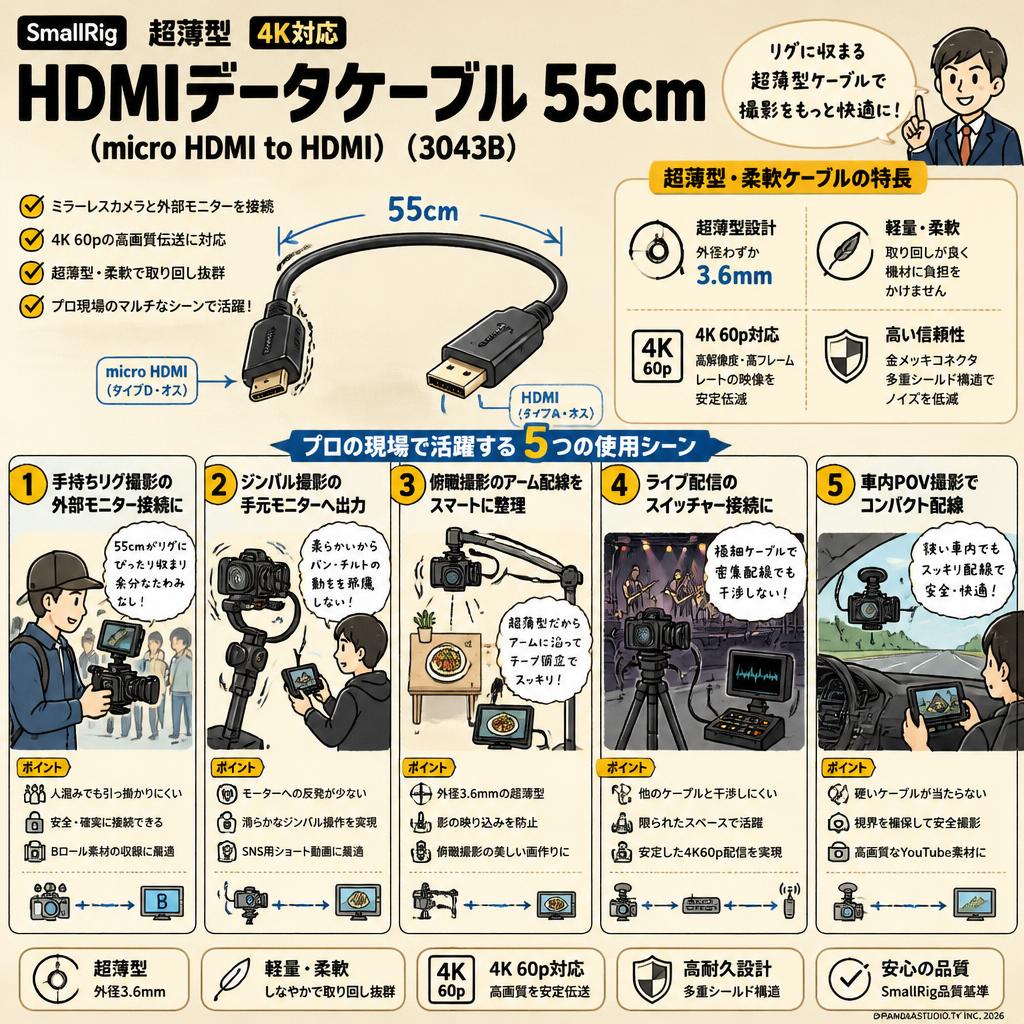 SmallRig 超薄型4K HDMIデータケーブル 55cm ( micro HDMI to HDMI )  ( 3043B ) 用途