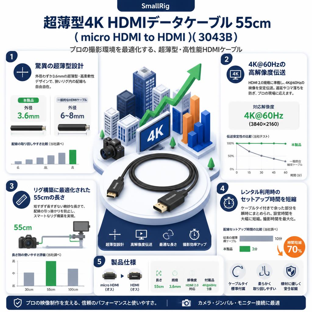 SmallRig 超薄型4K HDMIデータケーブル 55cm ( micro HDMI to HDMI )  ( 3043B ) セールスポイント