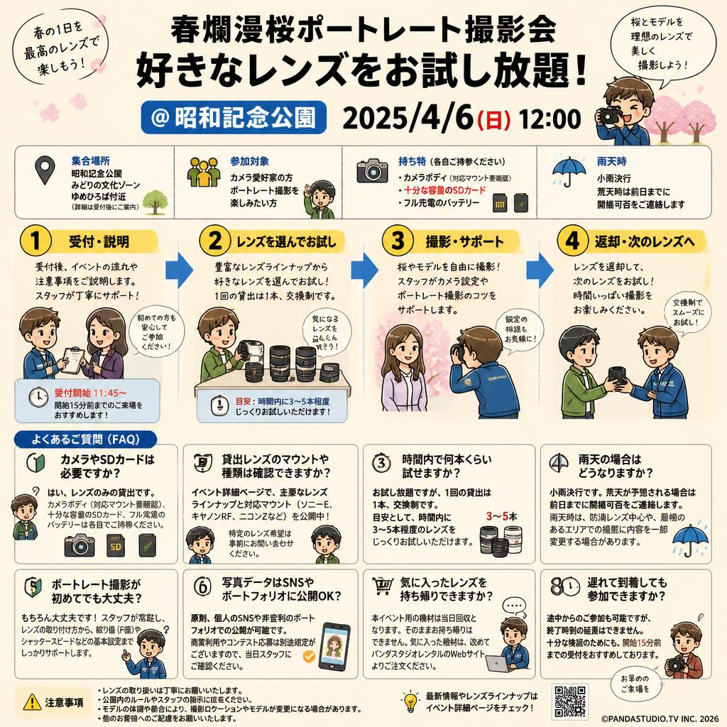春爛漫桜ポートレート撮影会 好きなレンズをお試し放題！＠昭和記念公園 2025/4/6(日) 12:00 FAQ（よくある質問と答え）