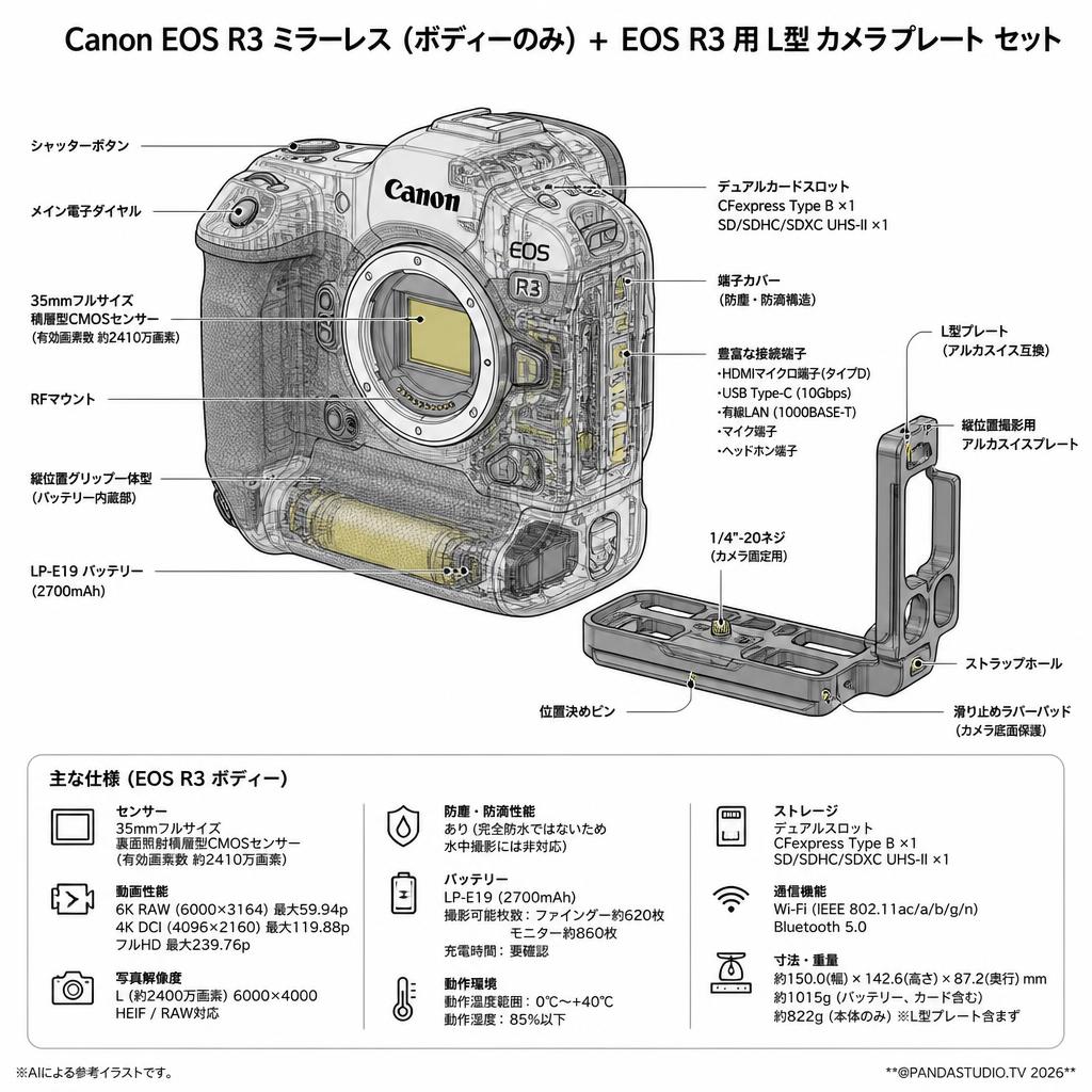 Canon EOS R3 ミラーレス (ボディーのみ) + EOS R3 用 L型 カメラ プレート セット スペック