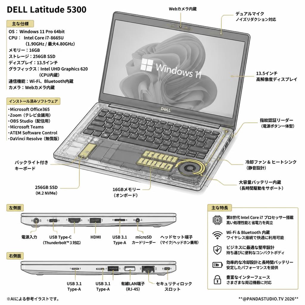 DELL Latitude 5300 【Office365 / テレビ会議用Zoom / 配信用OBS  / Microsoft Teams / ATEM Software Control / 無償版 動画編集DaVinci Resolveインストール済】(Core i7 -8665U Win11 Pro 64bit 13.5インチ 16GBメモリー256GB SSD) スペック