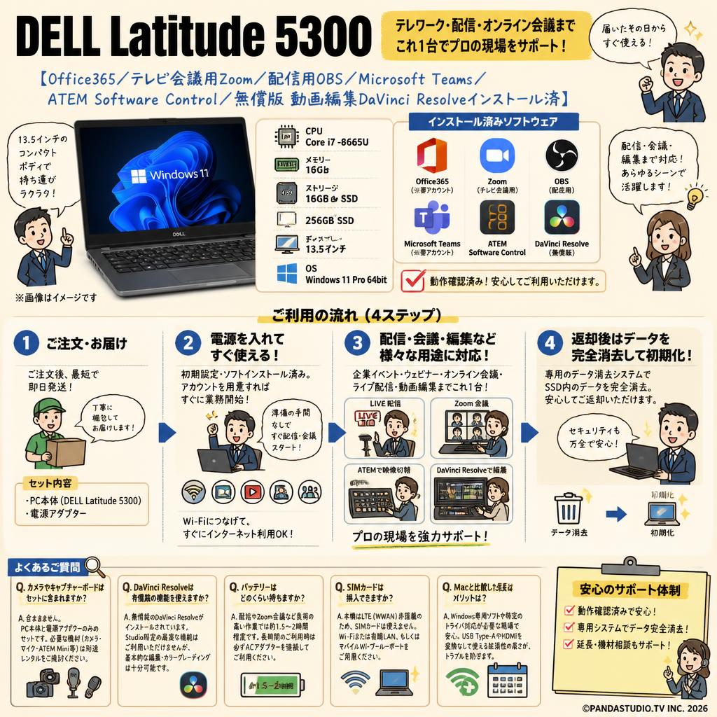 DELL Latitude 5300 【Office365 / テレビ会議用Zoom / 配信用OBS  / Microsoft Teams / ATEM Software Control / 無償版 動画編集DaVinci Resolveインストール済】(Core i7 -8665U Win11 Pro 64bit 13.5インチ 16GBメモリー256GB SSD) FAQ（よくある質問と答え）