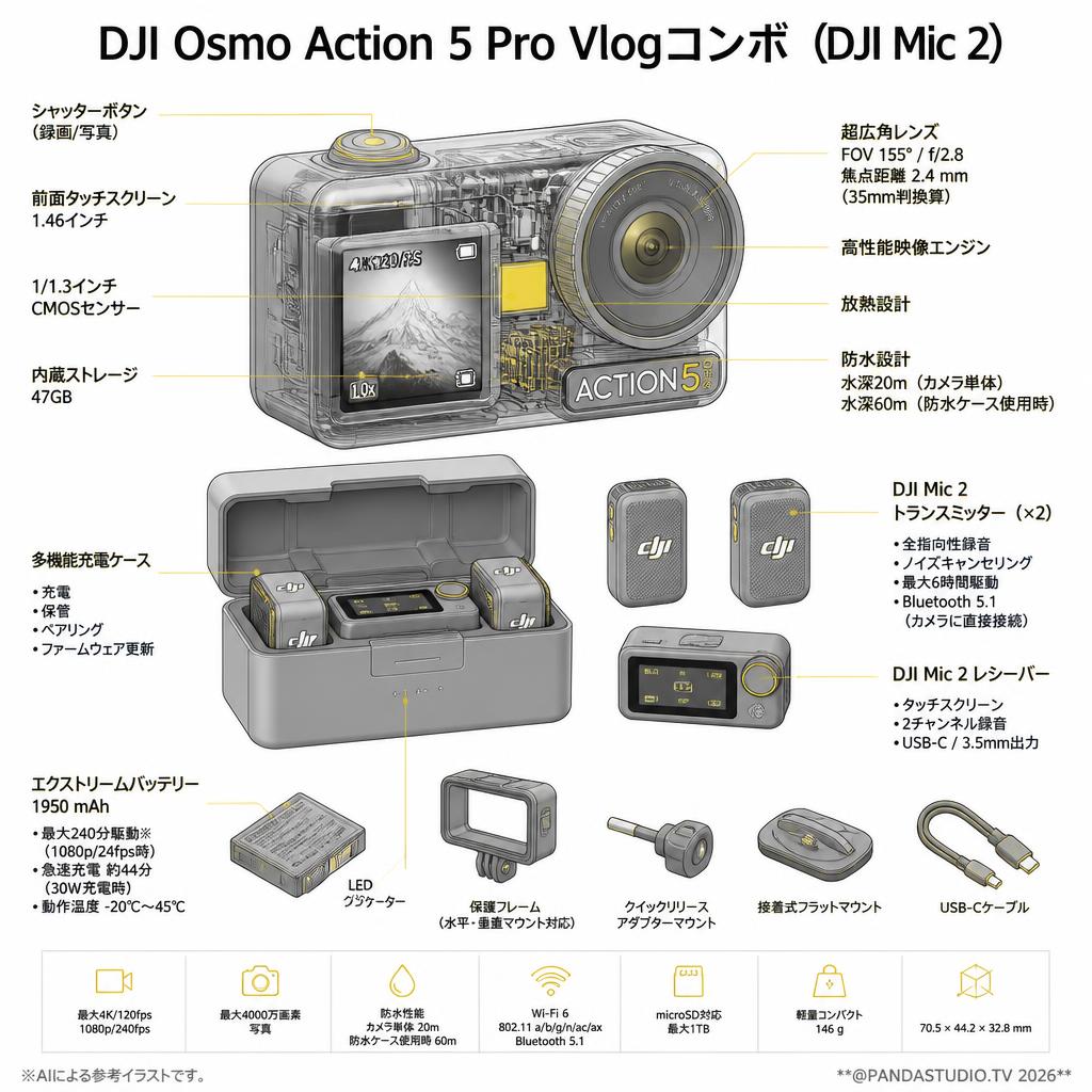DJI Osmo Action 5 Pro Vlogコンボ（DJI Mic 2） スペック