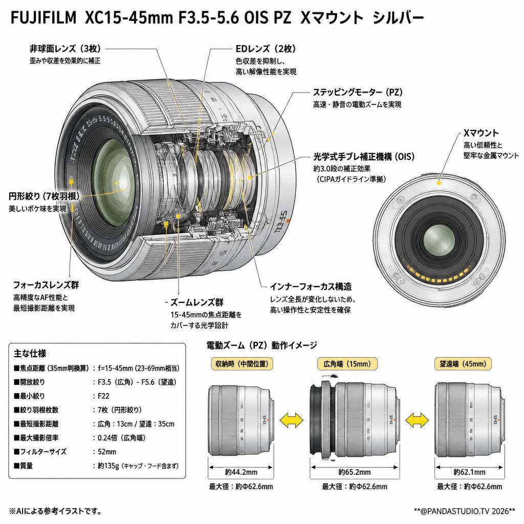 FUJIFLIM  XC15-45mm F3.5-5.6 OIS PZ  Xマウント  シルバー スペック