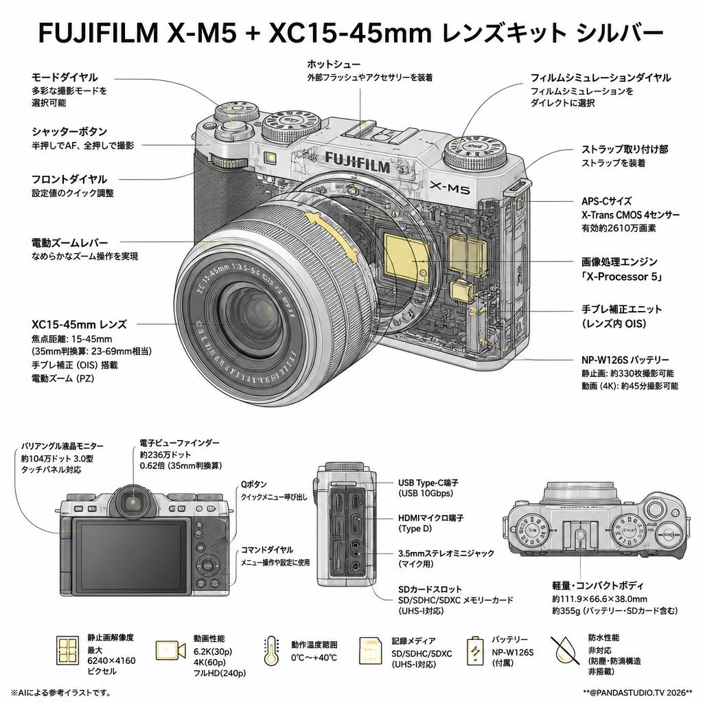 FUJIFILM X-M5 + XC15-45mm レンズキット シルバー スペック