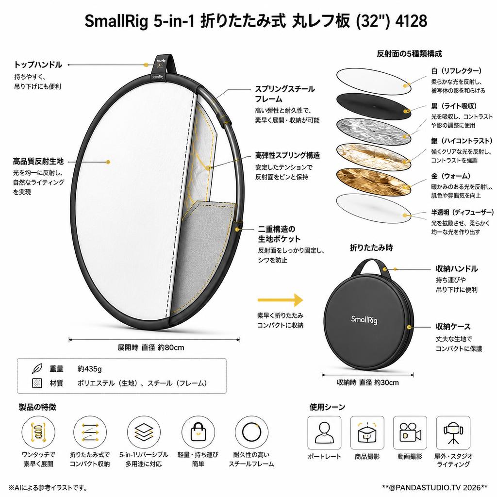 SmallRig 5-in-1 折りたたみ式 丸レフ板 (32") 4128 スペック