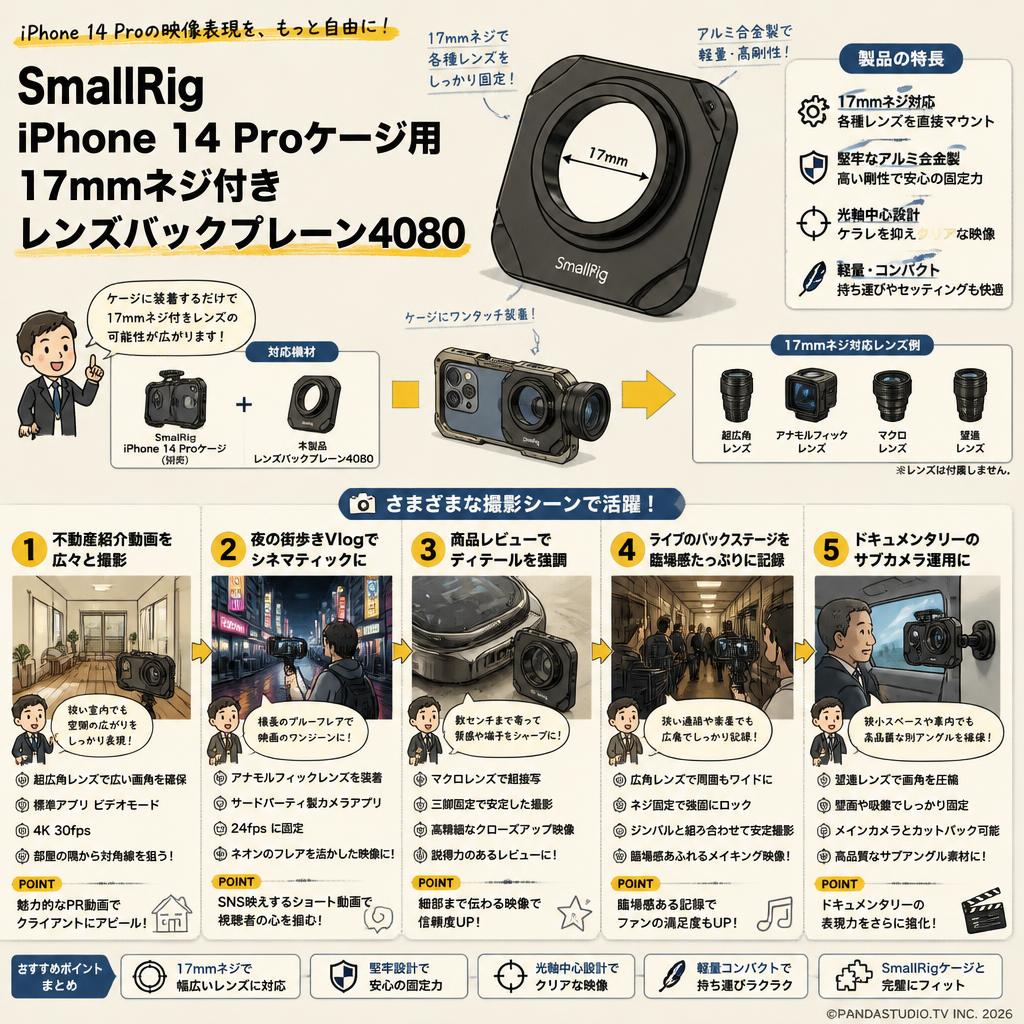 SmallRig iPhone 14 Proケージ用17mmネジ付きレンズバックプレーン4080 用途