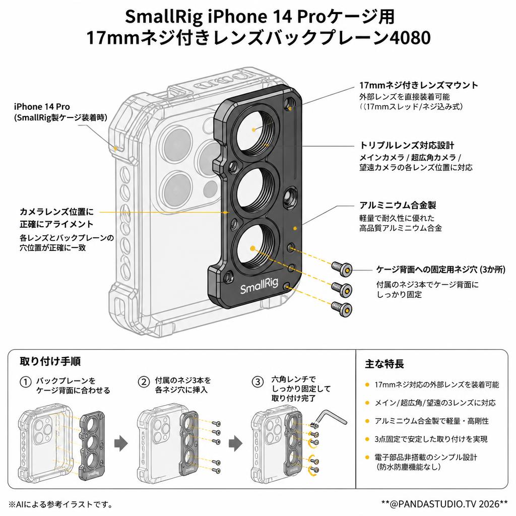 SmallRig iPhone 14 Proケージ用17mmネジ付きレンズバックプレーン4080 スペック