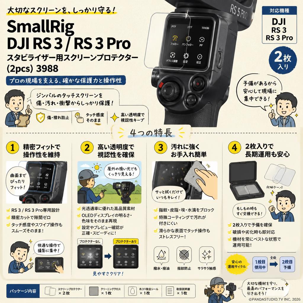 SmallRig DJI RS 3 / RS 3 Pro スタビライザー用スクリーンプロテクター (2pcs) 3988 概要