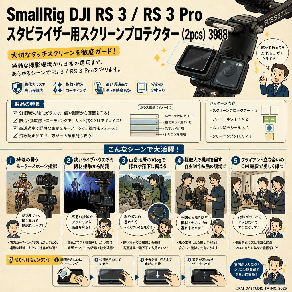 SmallRig DJI RS 3 / RS 3 Pro スタビライザー用スクリーンプロテクター (2pcs) 3988 用途