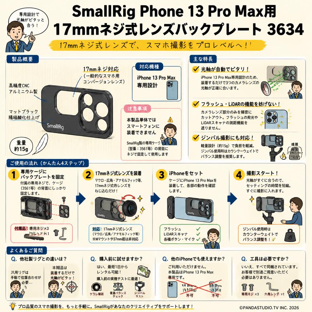 SmallRig Phone 13 Pro Max用17mmネジ式レンズバックプレート 3634 FAQ（よくある質問と答え）