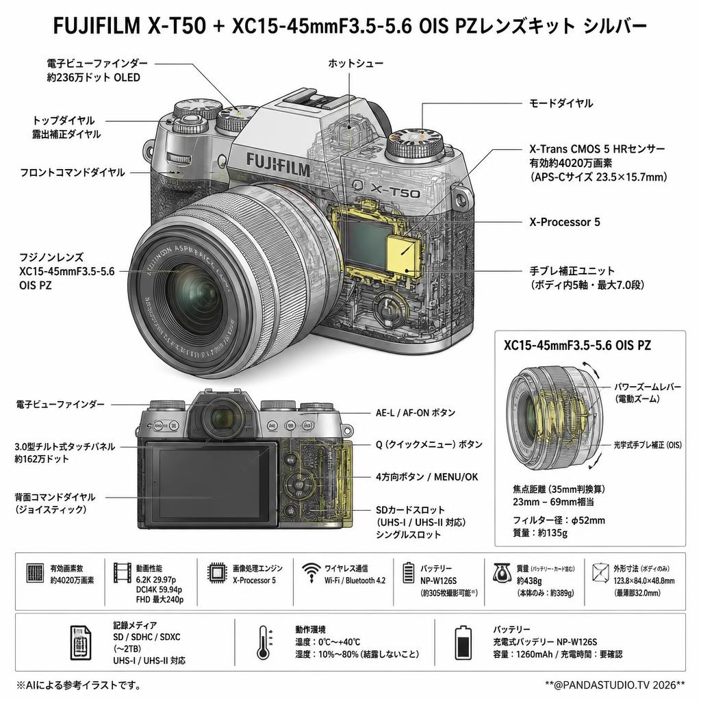 FUJIFILM X-T50 + XC15-45mmF3.5-5.6 OIS PZレンズキット シルバー スペック