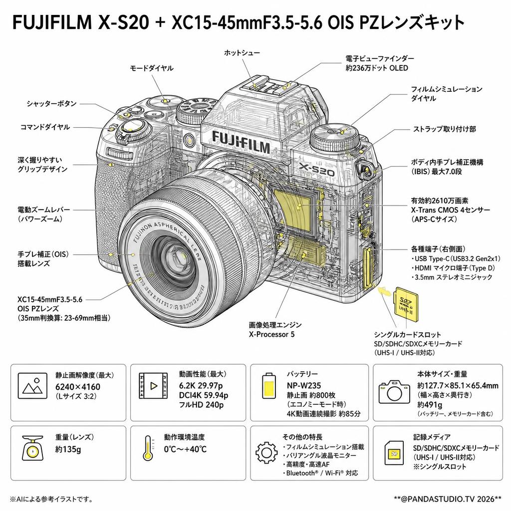 FUJIFILM X-S20 + XC15-45mmF3.5-5.6 OIS PZレンズキット スペック