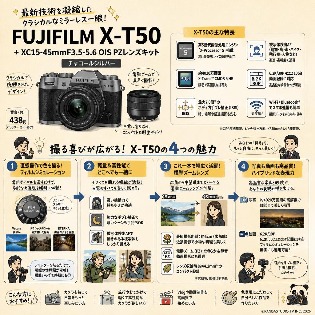 FUJIFILM X-T50 + XC15-45mmF3.5-5.6 OIS PZレンズキット チャコールシルバー 概要