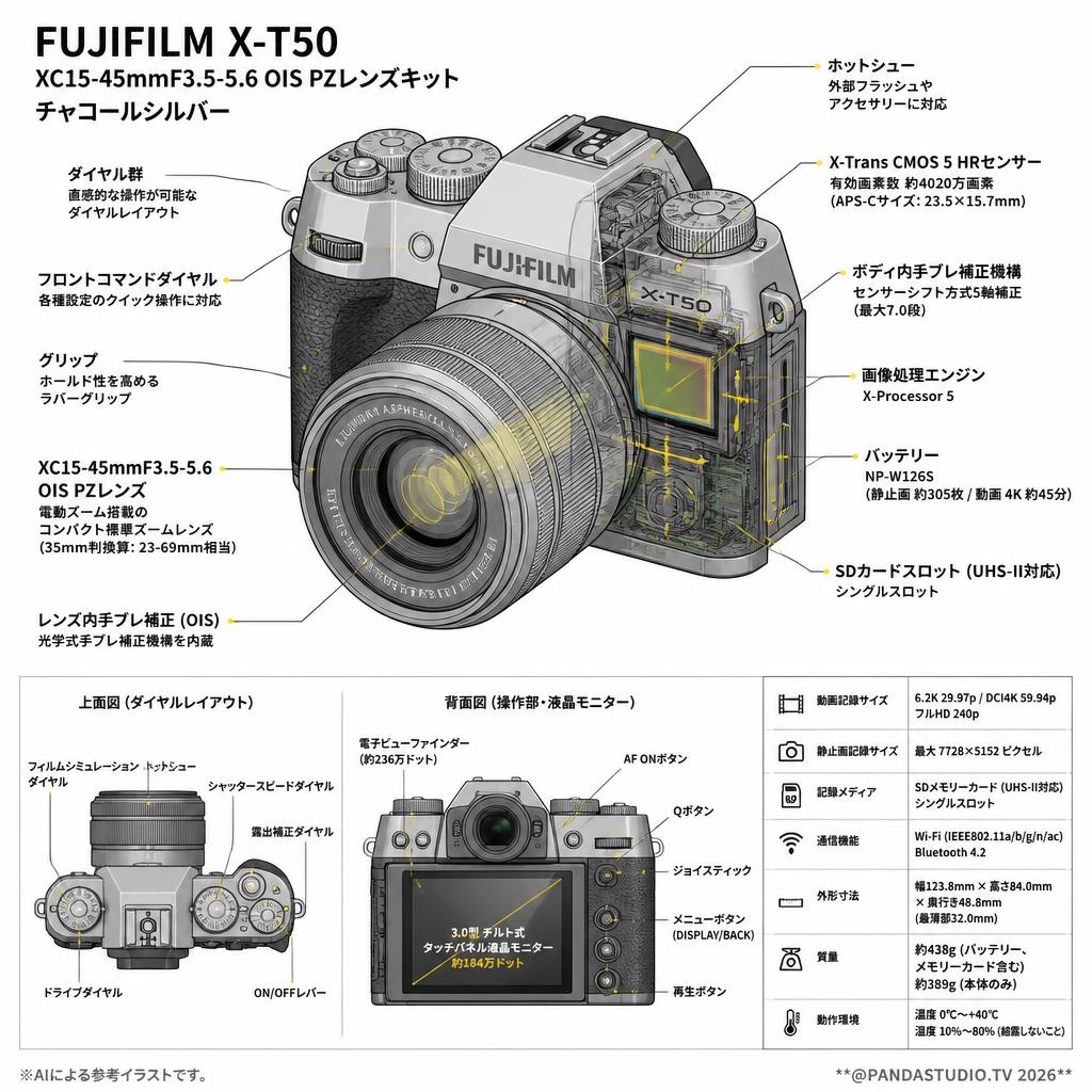 FUJIFILM X-T50 + XC15-45mmF3.5-5.6 OIS PZレンズキット チャコールシルバー スペック