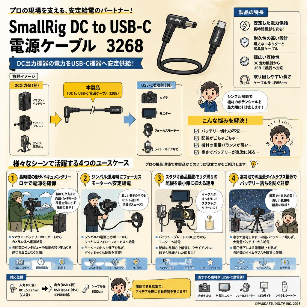 SmallRig DC to USB-C 電源ケーブル　3268 用途